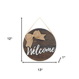 12" Brown Hello and Welcome Solid Wood Reversible Hanging Wall Or Door Decor