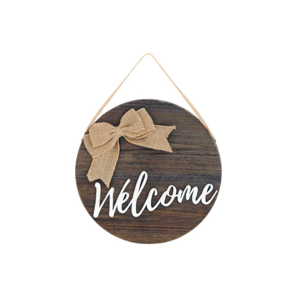 12" Brown Hello and Welcome Solid Wood Reversible Hanging Wall Or Door Decor
