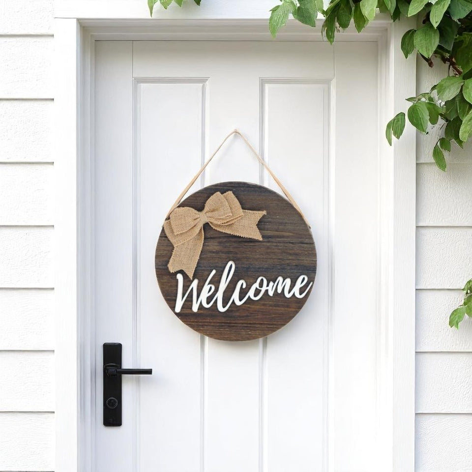 12" Brown Hello and Welcome Solid Wood Reversible Hanging Wall Or Door Decor