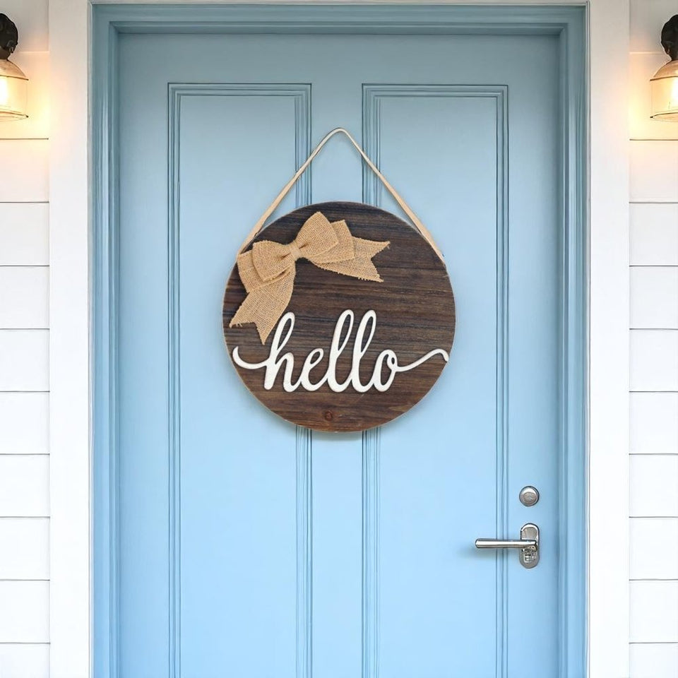 12" Brown Hello and Welcome Solid Wood Reversible Hanging Wall Or Door Decor