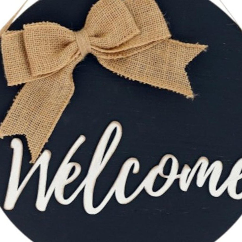 12" Black Hello and Welcome Solid Wood Reversible Hanging Wall Or Door Decor