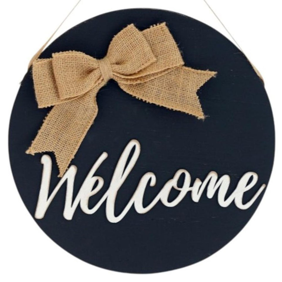 12" Black Hello and Welcome Solid Wood Reversible Hanging Wall Or Door Decor