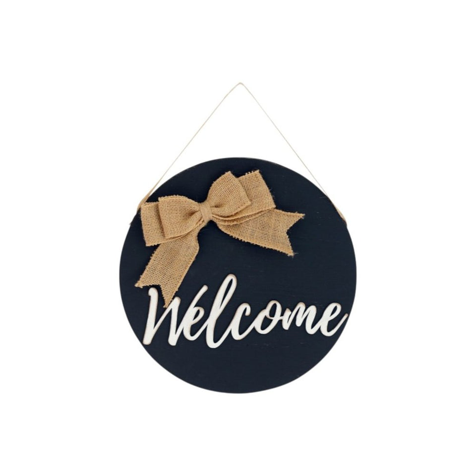 12" Black Hello and Welcome Solid Wood Reversible Hanging Wall Or Door Decor