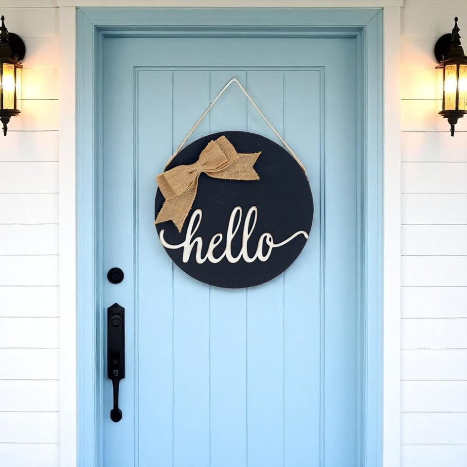 12" Black Hello and Welcome Solid Wood Reversible Hanging Wall Or Door Decor