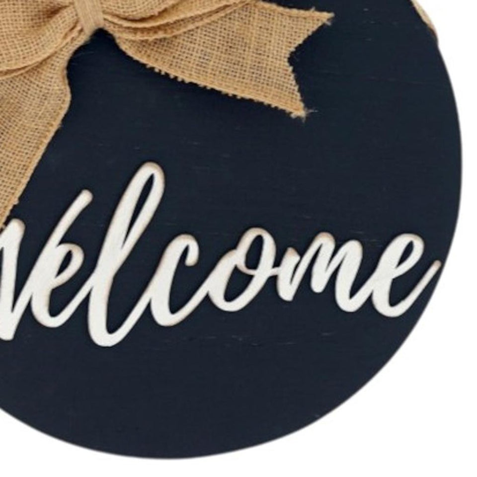 12" Black Hello and Welcome Solid Wood Reversible Hanging Wall Or Door Decor