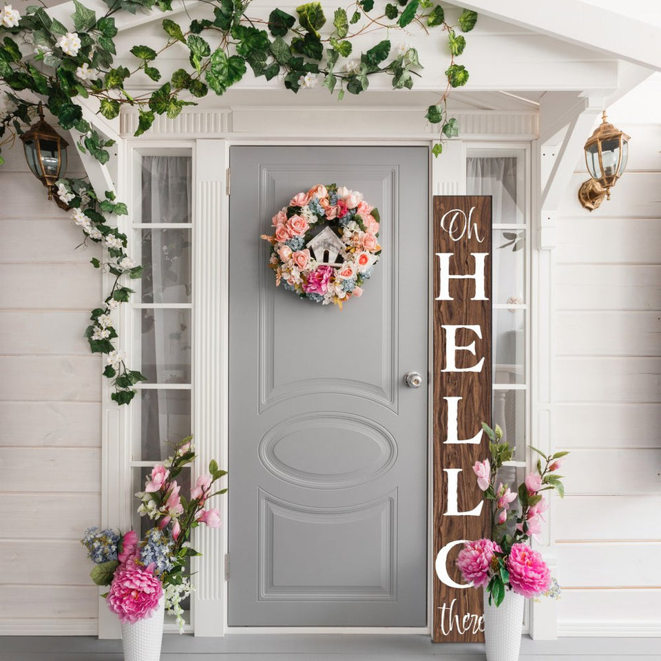 72" Brown And White Solid Wood Hello Porch Sign