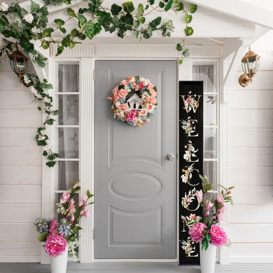 72" Black Solid Wood Floral Welcome Porch Sign