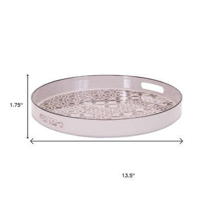 14" Cream And Gray Geometric Pad Print Round Serving Tray With Handles