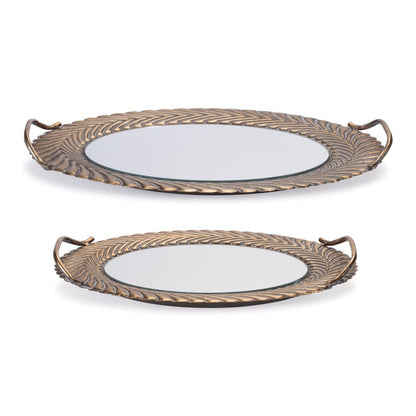 Set of Two Antiqued Bronze Metal And Mirrored Glass Oval Serving Trays With Handles