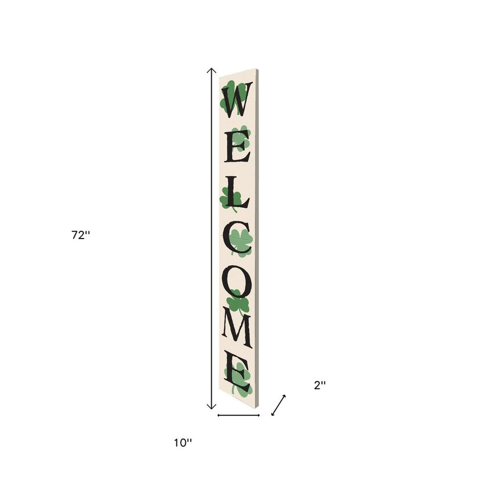 72" Off White Black And Green Solid Wood Shamrock Welcome Porch Sign