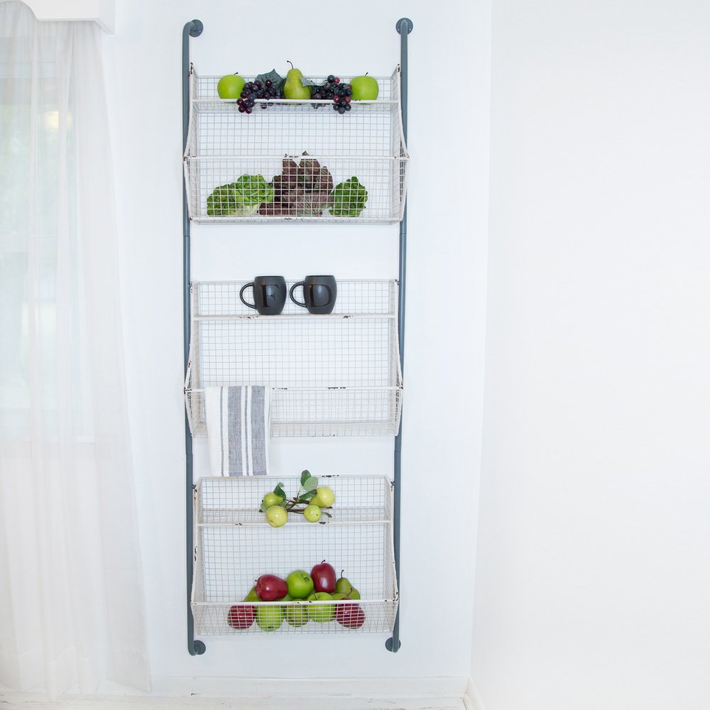 24" White And Gray Metal Baskets Wall Mounted Cubby Shelf