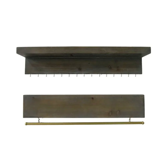 Set Of Two Brown Wood Wall Mounted Accent Shelves With Hooks