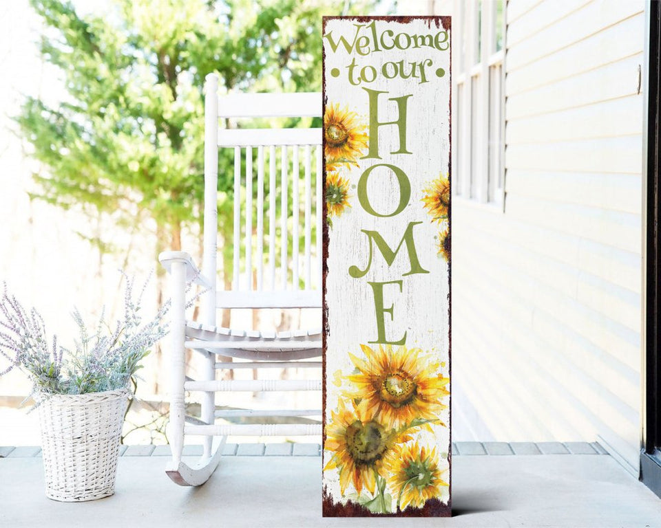 36" White Green And Yellow Sunflowers Solid Wood Welcome Porch Sign