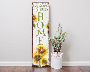 36" White Green And Yellow Sunflowers Solid Wood Welcome Porch Sign