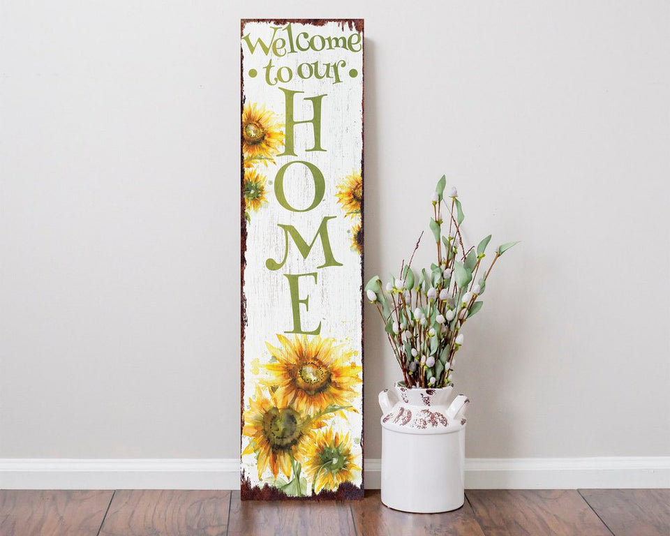 36" White Green And Yellow Sunflowers Solid Wood Welcome Porch Sign