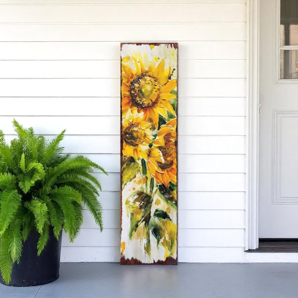 36" Brown Green And Yellow Solid Wood Sunflowers Porch Sign