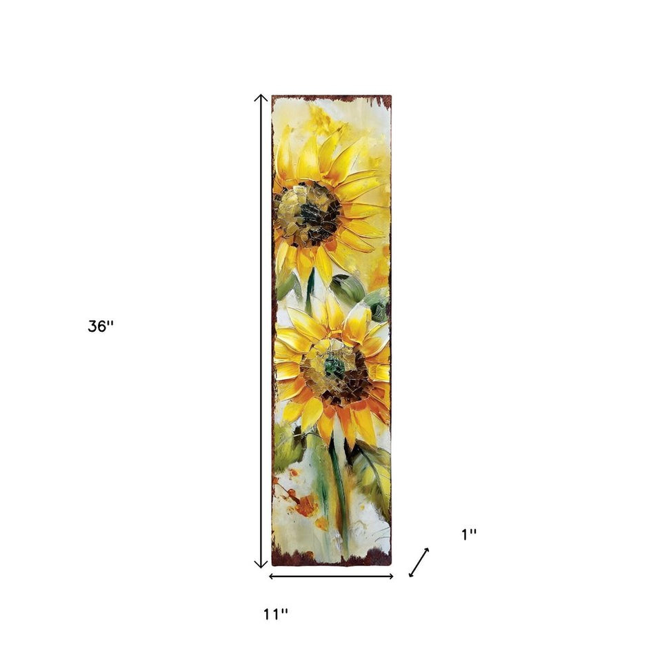 36" Brown Green And Yellow Solid Wood Sunflowers Porch Sign