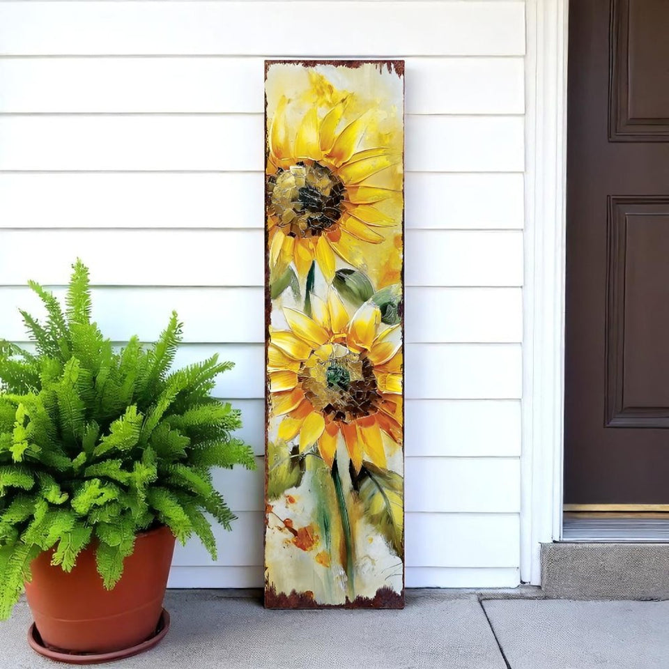 36" Brown Green And Yellow Solid Wood Sunflowers Porch Sign