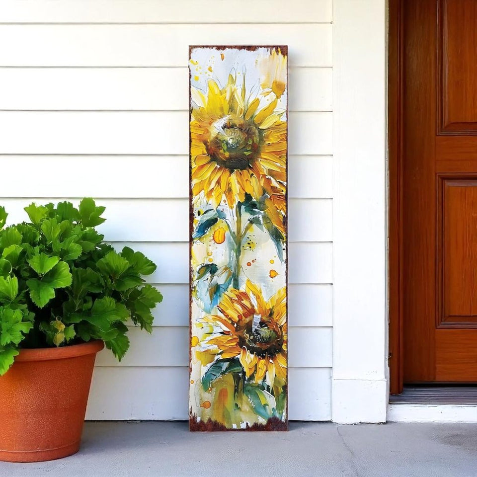 36" White And Yellow Solid Wood Sunflowers Porch Sign