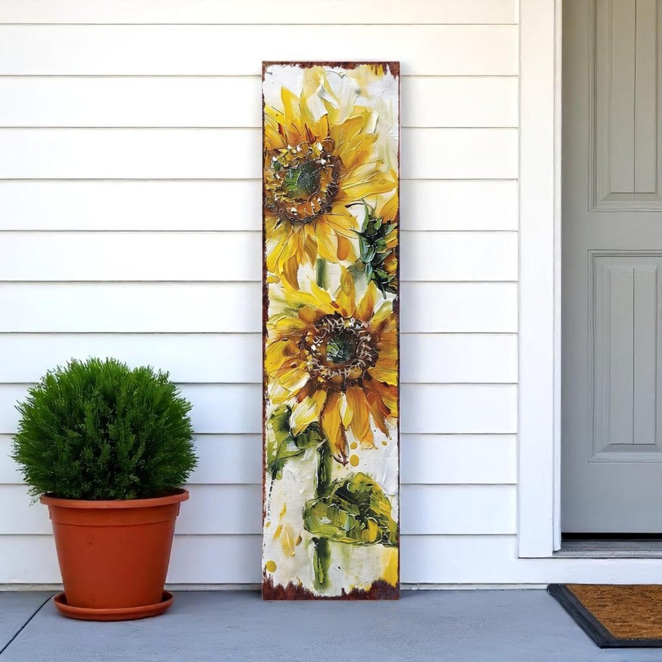 36" Brown Green And Yellow Solid Wood Sunflowers Porch Sign