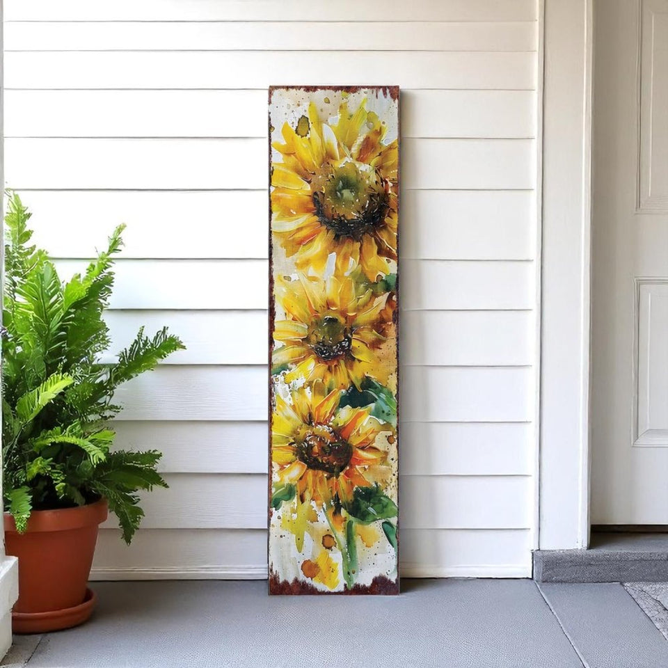 36" Brown Green And Yellow Solid Wood Sunflowers Porch Sign