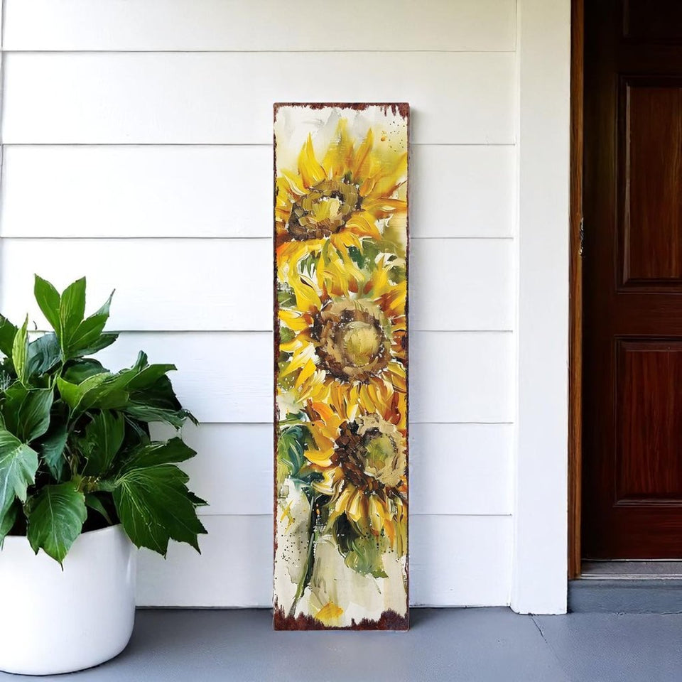36" Brown Green And Yellow Solid Wood Sunflowers Porch Sign
