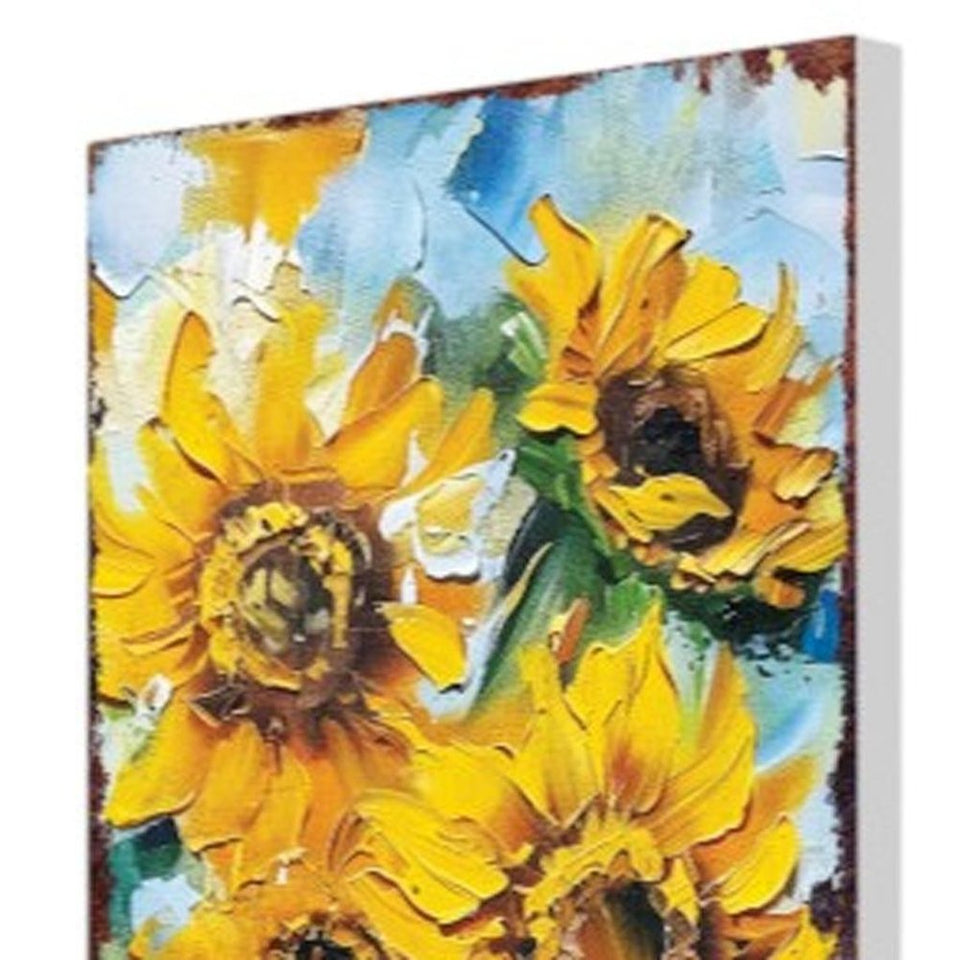 30" Yellow Brown And Green Solid Wood Sunflowers Garden Stake