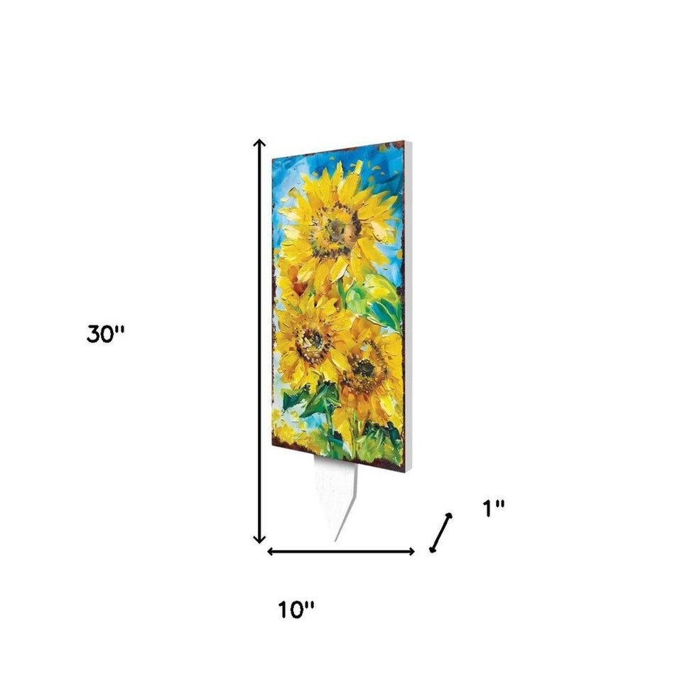 30" Yellow Brown And Green Solid Wood Sunflowers Garden Stake