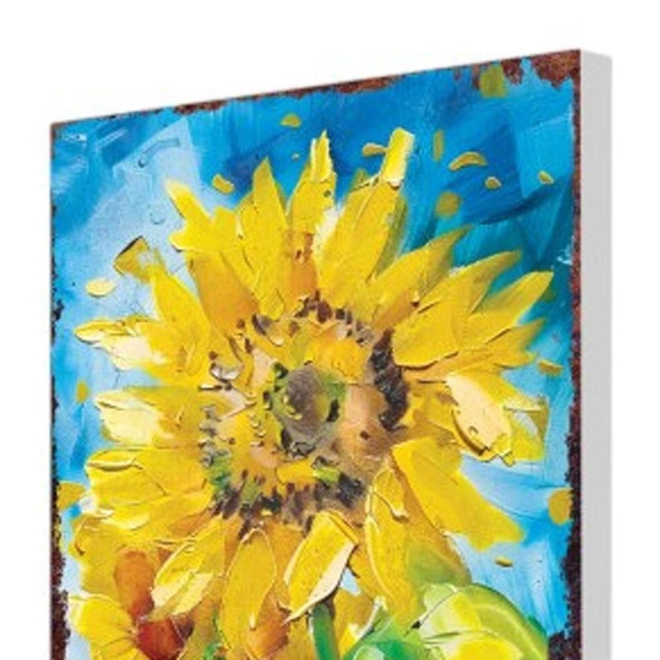 30" Yellow Brown And Green Solid Wood Sunflowers Garden Stake