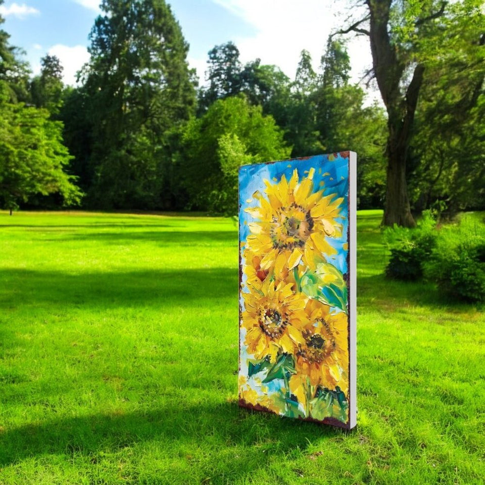 30" Yellow Brown And Green Solid Wood Sunflowers Garden Stake