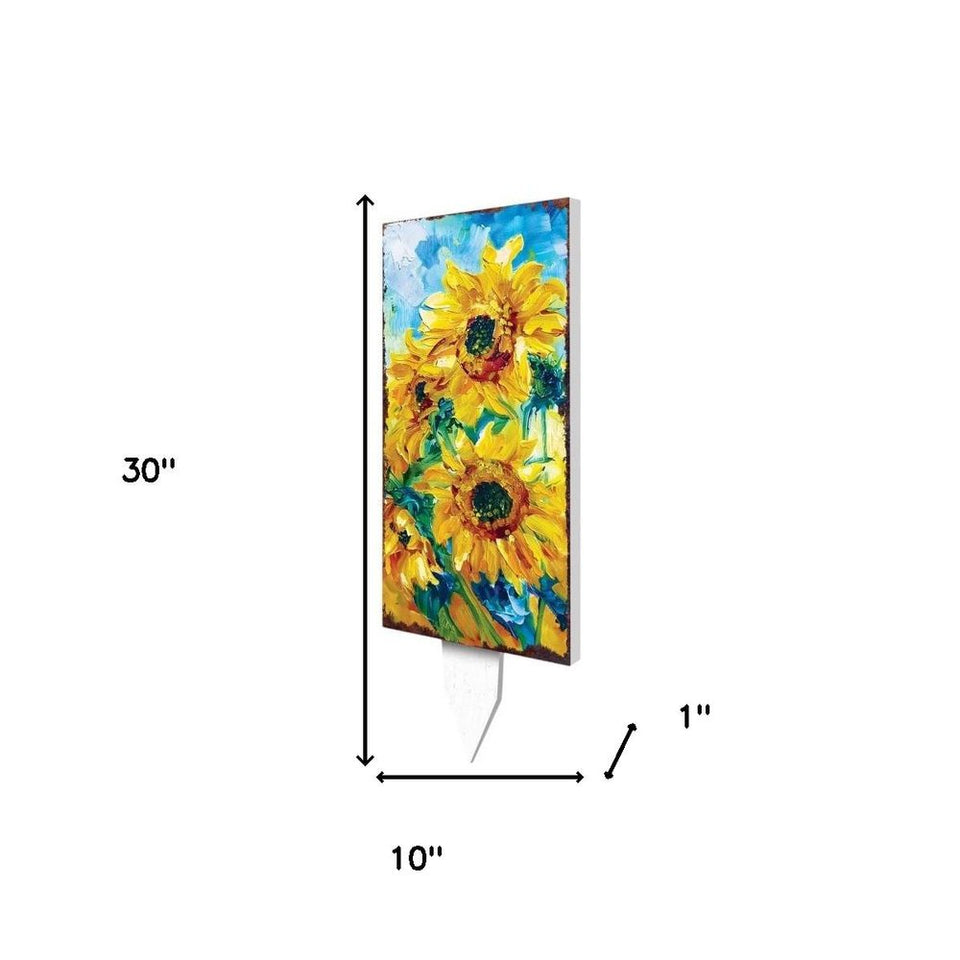 30" Yellow Brown And Green Solid Wood Sunflowers Garden Stake