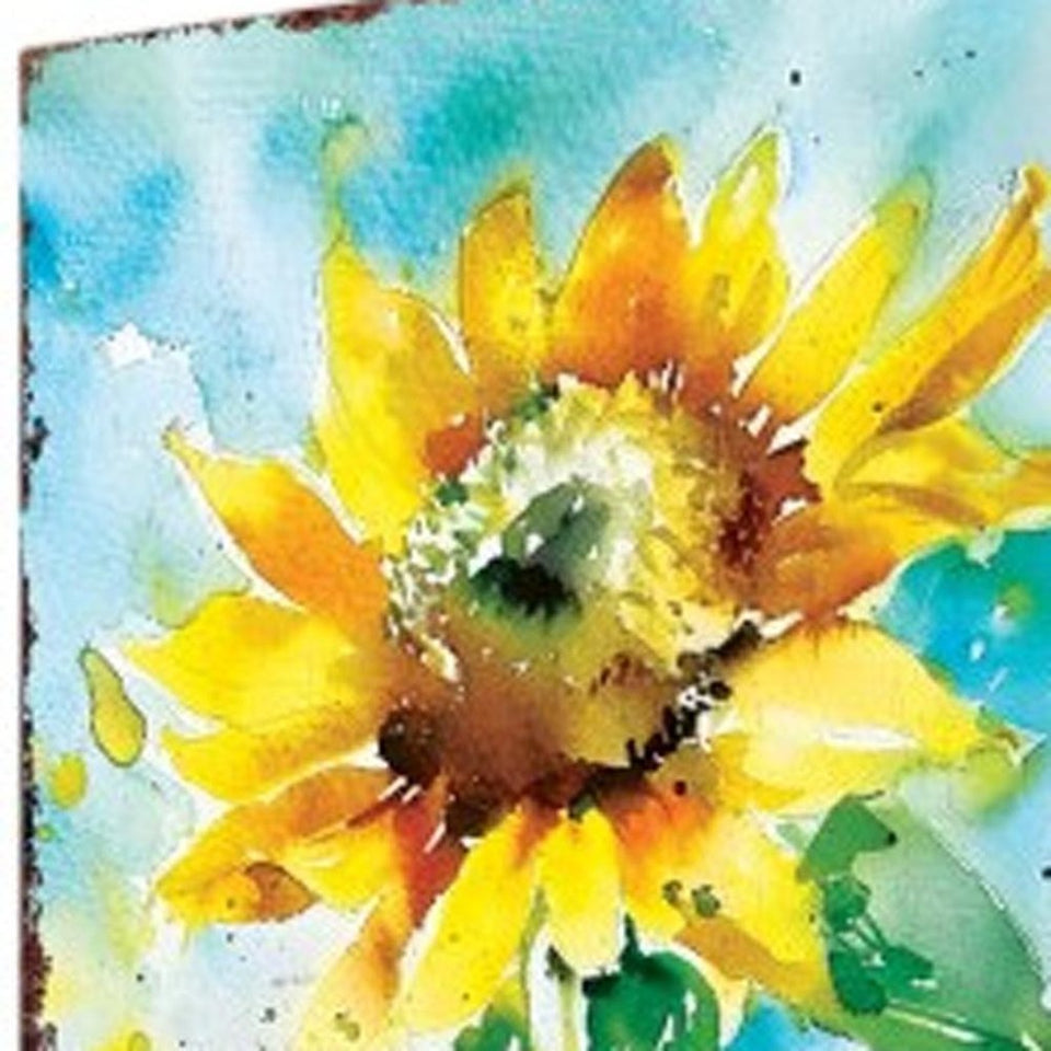 30" Yellow Brown and Blue Solid Wood Sunflowers Garden Stake
