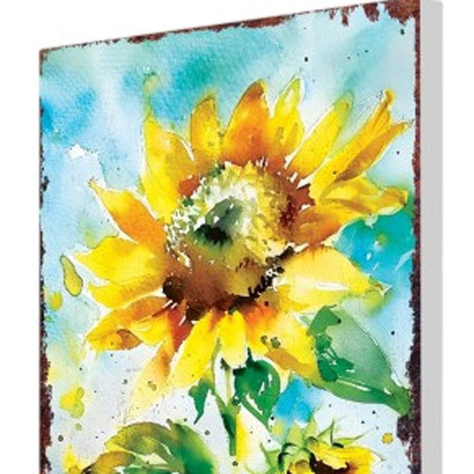 30" Yellow Brown and Blue Solid Wood Sunflowers Garden Stake