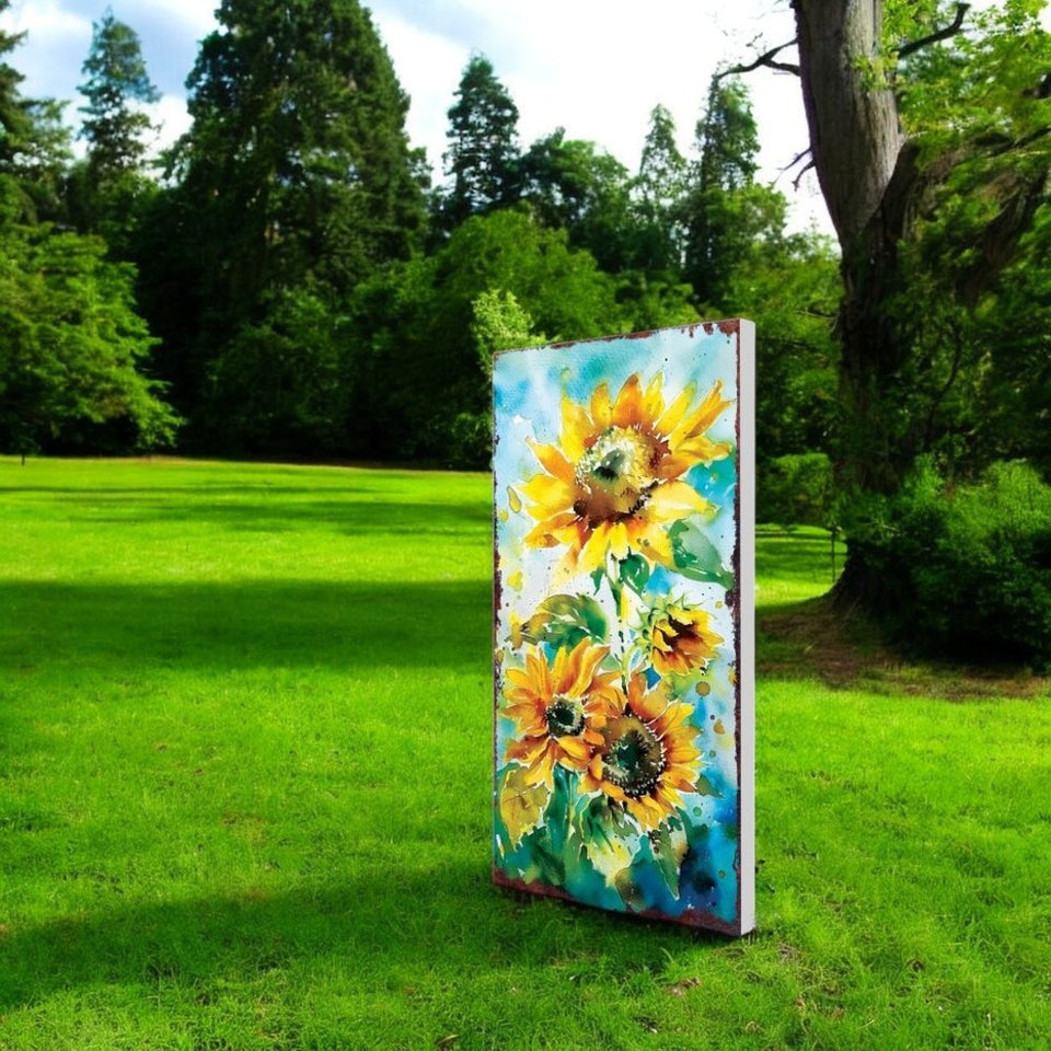 30" Yellow Brown and Blue Solid Wood Sunflowers Garden Stake