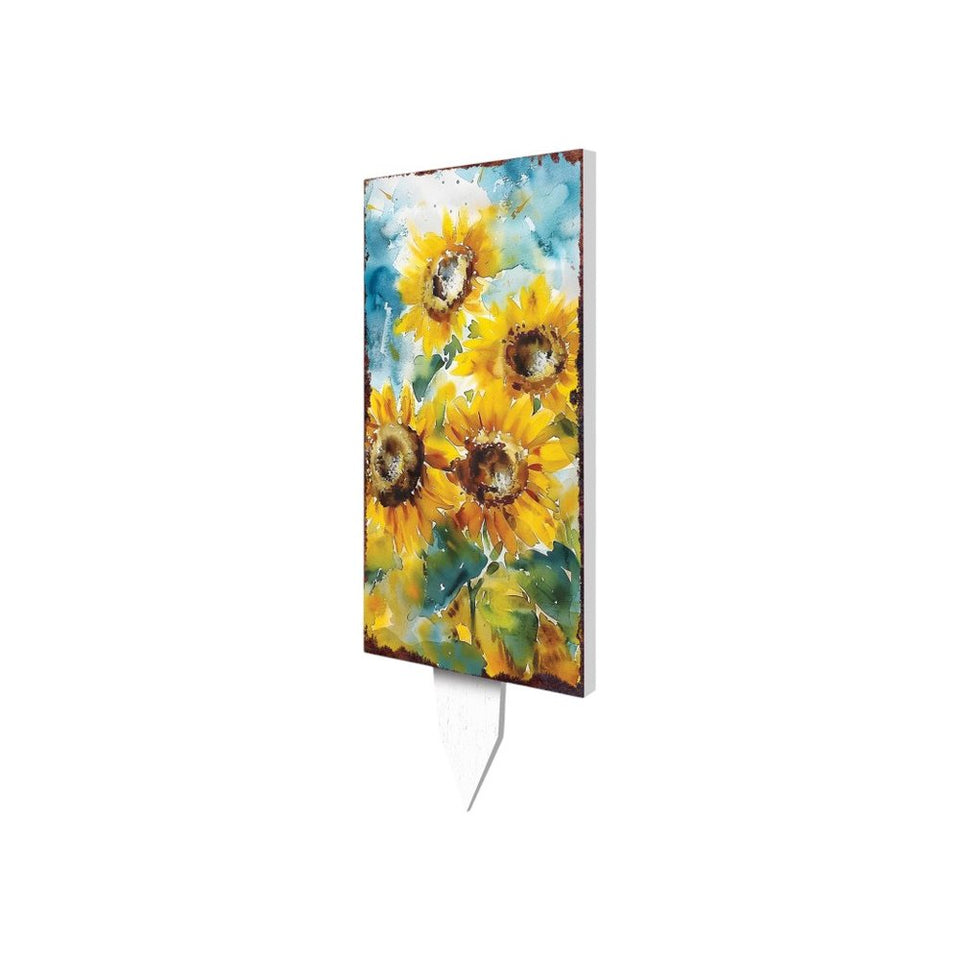 30" Yellow Brown And Blue Solid Wood Sunflowers Garden Stake