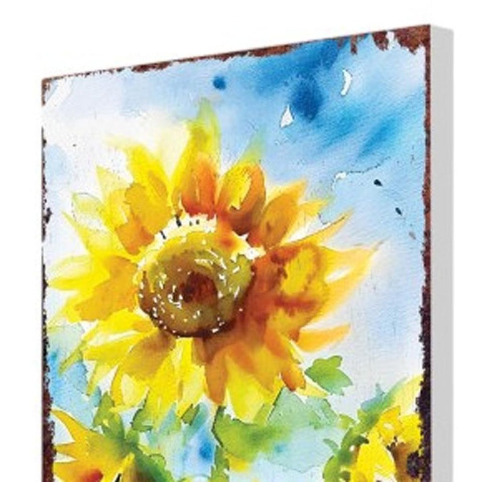 30" Yellow Brown And Green Solid Wood Sunflowers Garden Stake