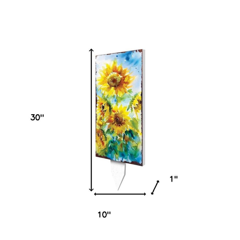 30" Yellow Brown And Green Solid Wood Sunflowers Garden Stake