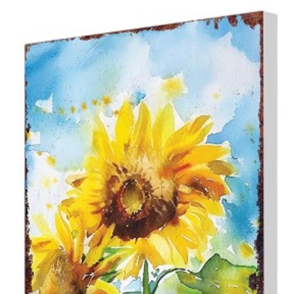 30" Yellow Brown And Green Solid Wood Sunflowers Garden Stake