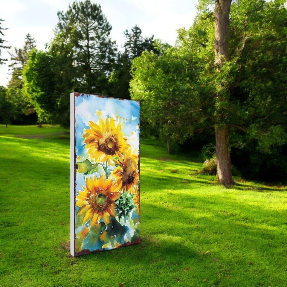 30" Yellow Brown And Green Solid Wood Sunflowers Garden Stake