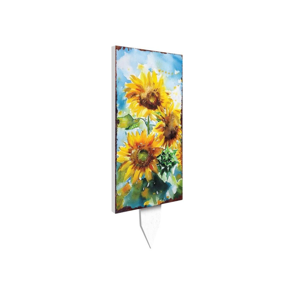 30" Yellow Brown And Green Solid Wood Sunflowers Garden Stake
