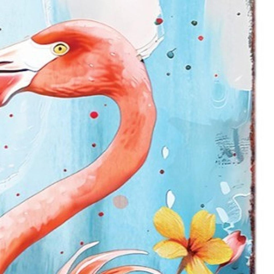 36" Pink And Blue Tropical Floral Solid Wood Flamingo Porch Sign