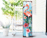 36" Pink And Blue Tropical Floral Solid Wood Flamingo Porch Sign