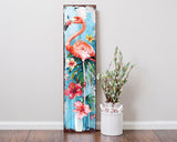 36" Pink And Blue Tropical Floral Solid Wood Flamingo Porch Sign