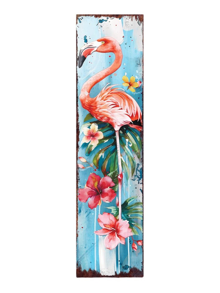 36" Pink And Blue Tropical Floral Solid Wood Flamingo Porch Sign
