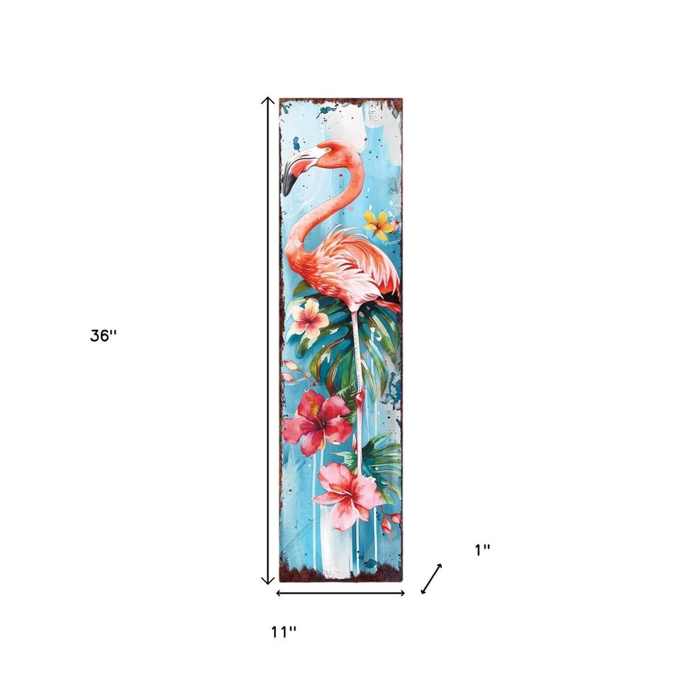 36" Pink And Blue Tropical Floral Solid Wood Flamingo Porch Sign