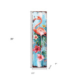 36" Pink And Blue Tropical Floral Solid Wood Flamingo Porch Sign