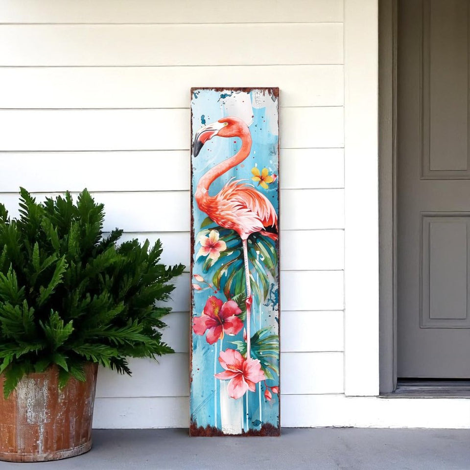 36" Pink And Blue Tropical Floral Solid Wood Flamingo Porch Sign