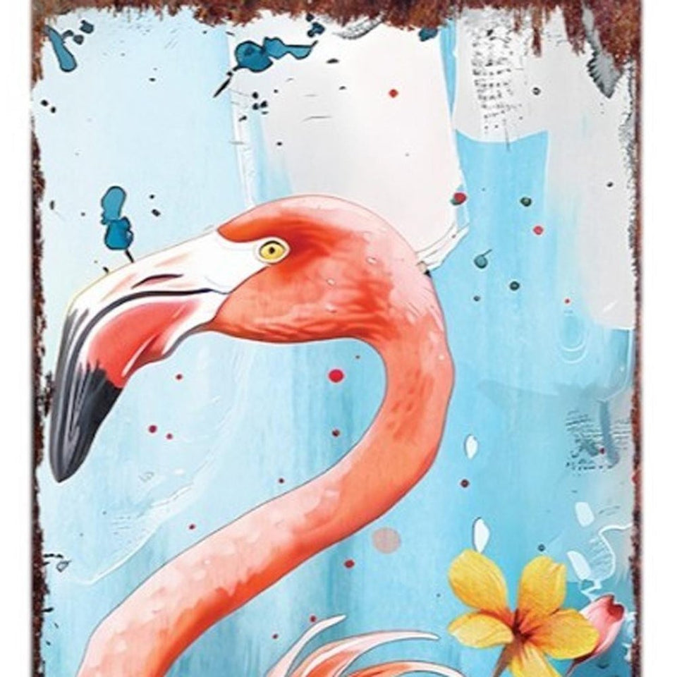 36" Pink And Blue Tropical Floral Solid Wood Flamingo Porch Sign