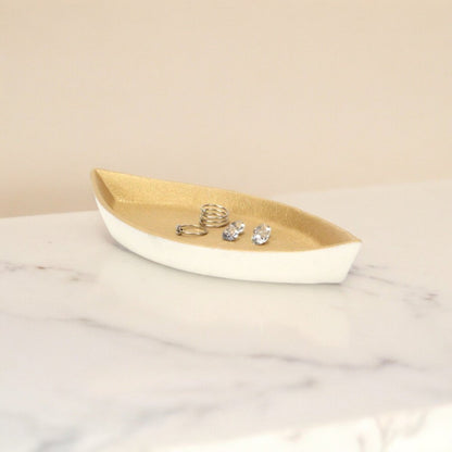 10" Gold And Off White Cast Iron Oval Boat Shaped Tray