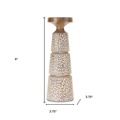 Set of Three Brown And White Distressed Floral Resin Tabletop Pillar Candle Holders